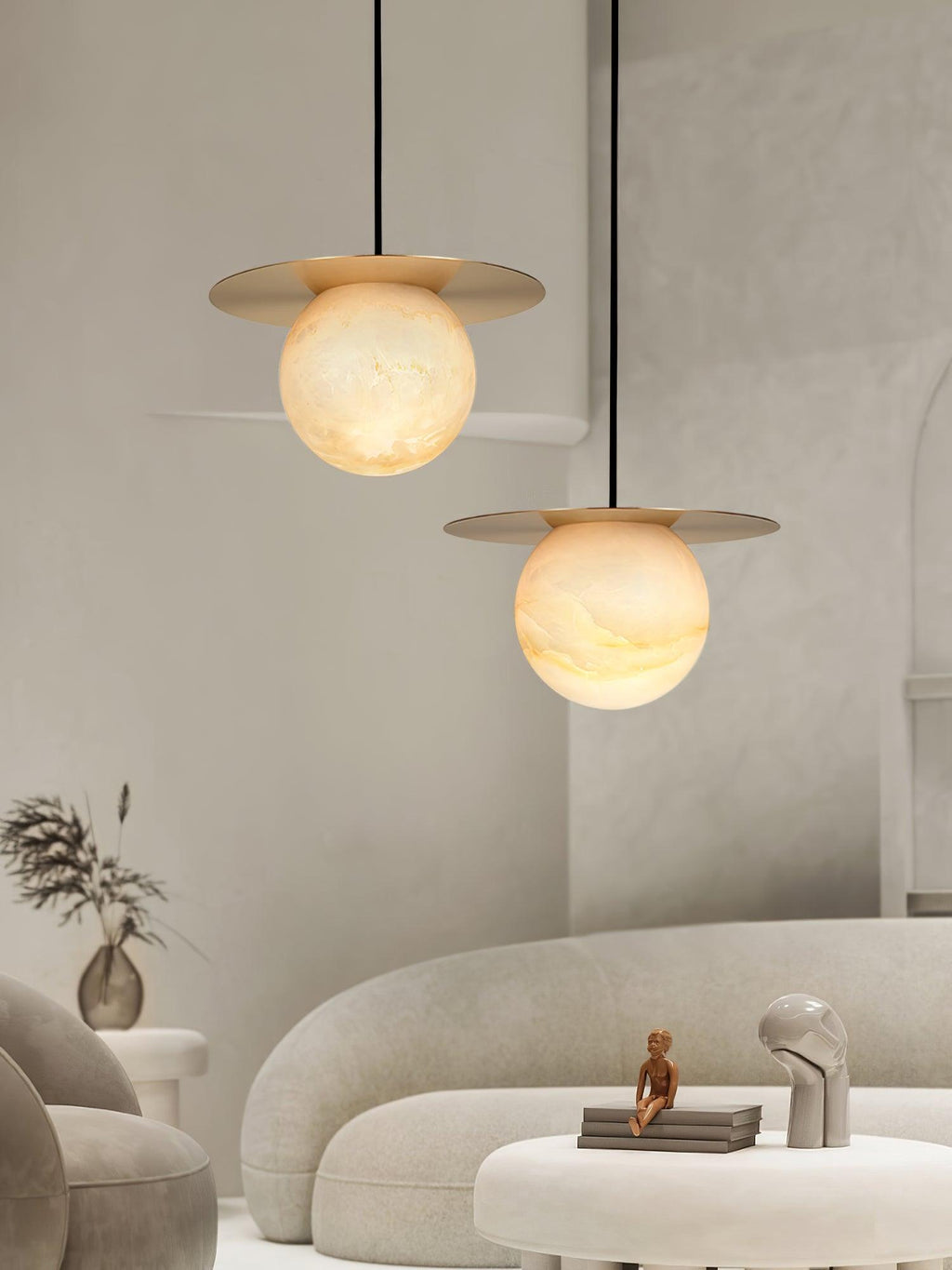 Nyvelyra Sphere Alabaster Pendant Light, Brass Finish, G9 Socket Fitting