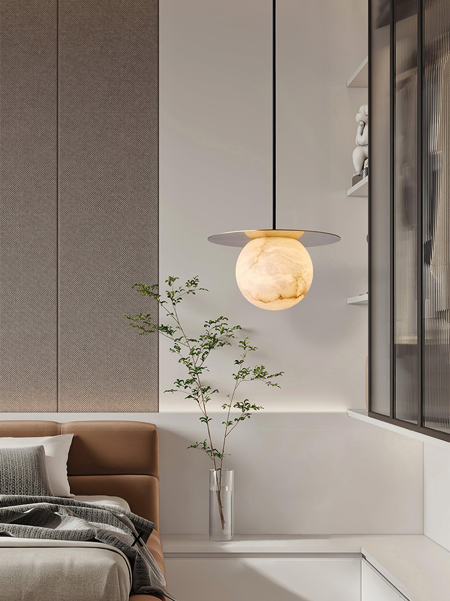 Nyvelyra Sphere Alabaster Pendant Light, Brass Finish, G9 Socket Fitting
