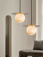 Nyvelyra Sphere Alabaster Pendant Light, Brass Finish, G9 Socket Fitting