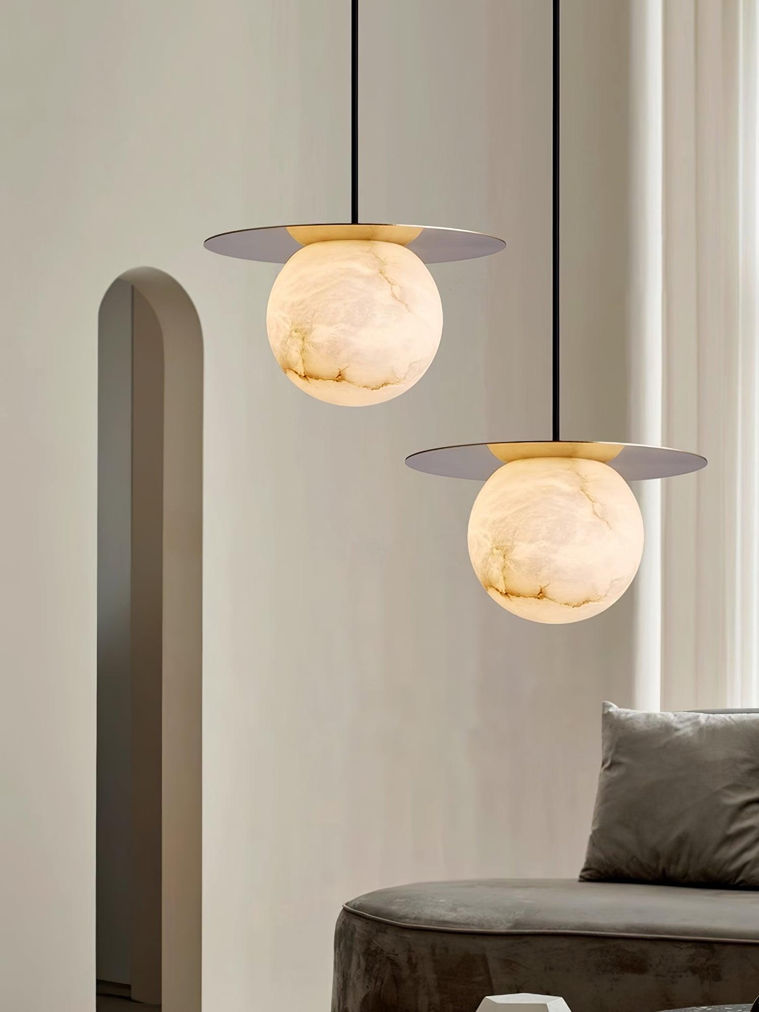 Nyvelyra Sphere Alabaster Pendant Light, Brass Finish, G9 Socket Fitting