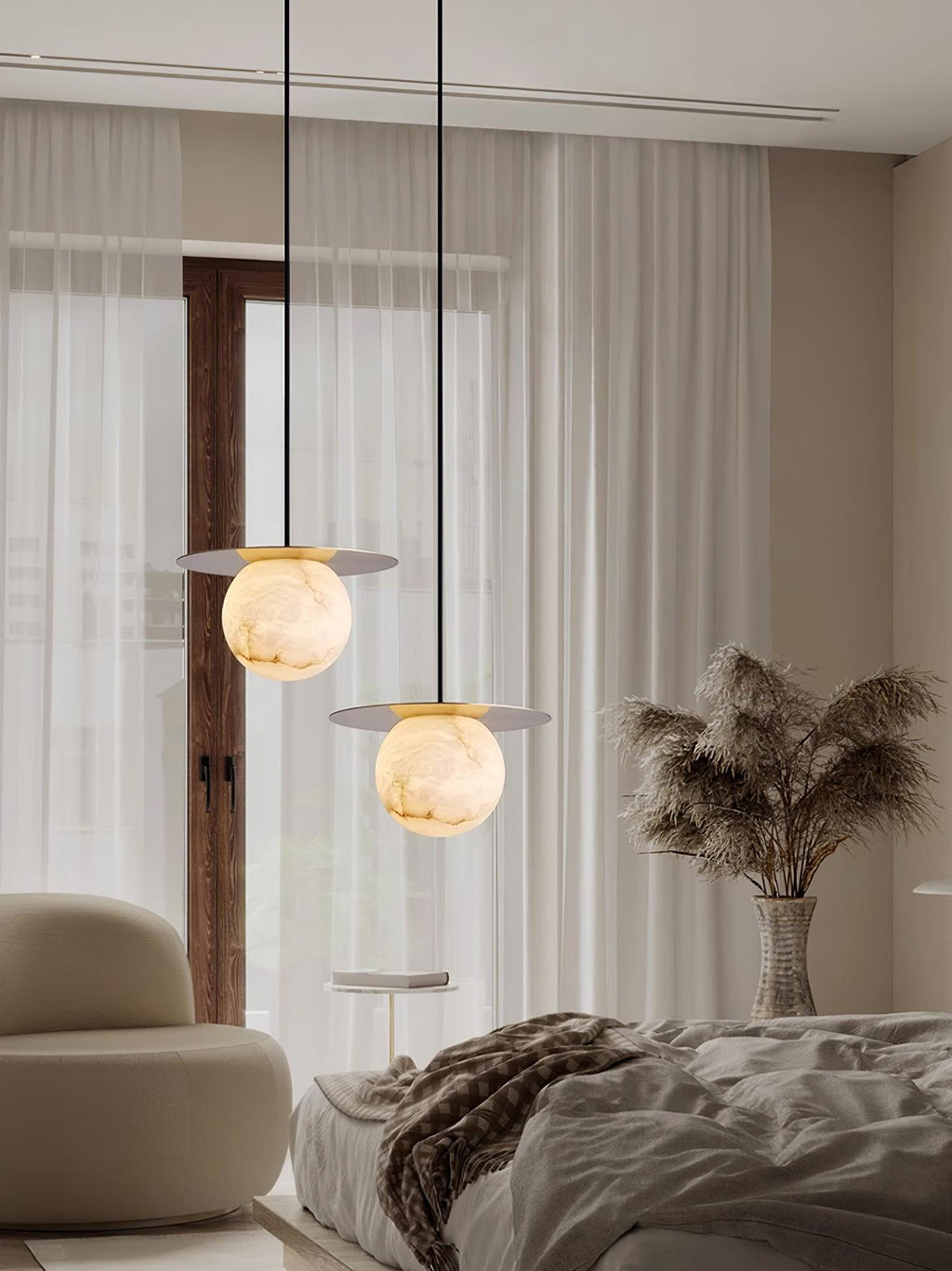 Nyvelyra Sphere Alabaster Pendant Light, Brass Finish, G9 Socket Fitting