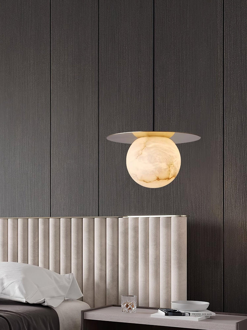 Nyvelyra Sphere Alabaster Pendant Light, Brass Finish, G9 Socket Fitting
