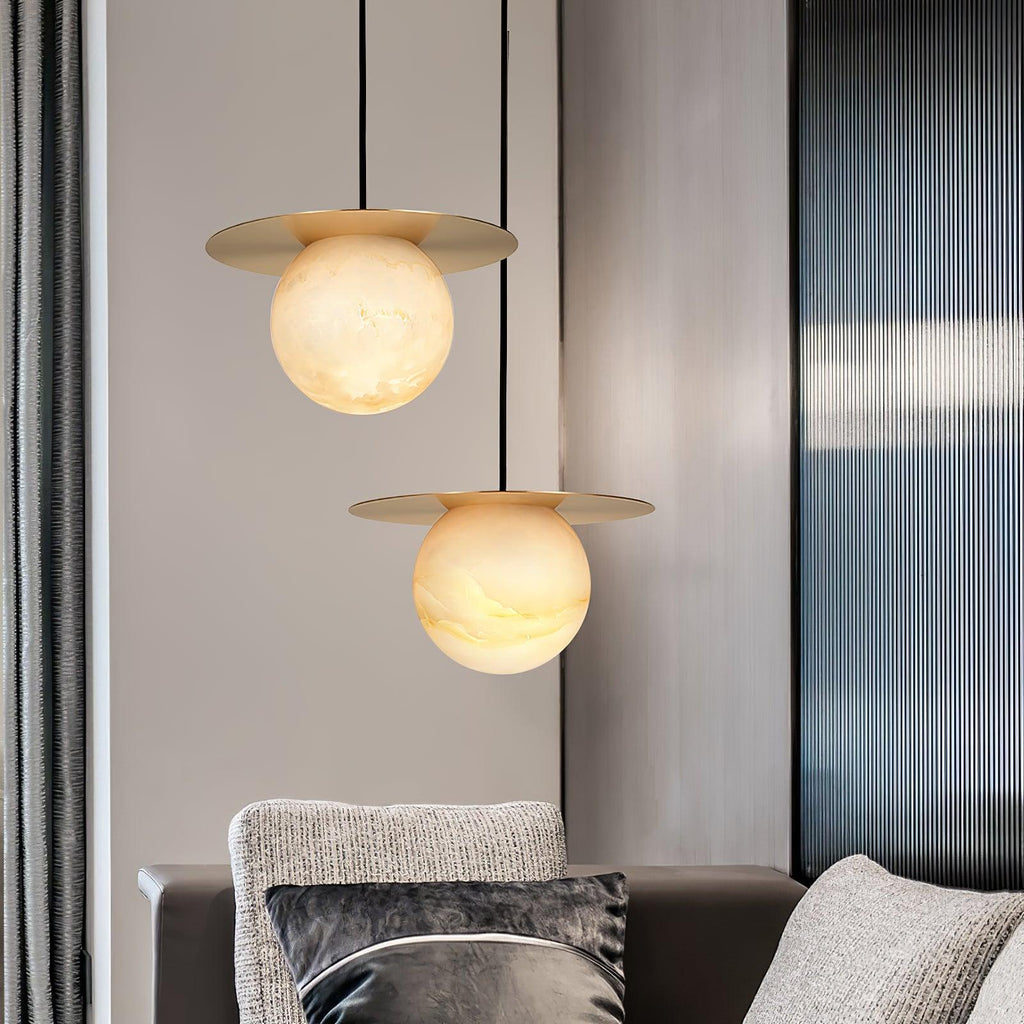 Nyvelyra Sphere Alabaster Pendant Light, Brass Finish, G9 Socket Fitting