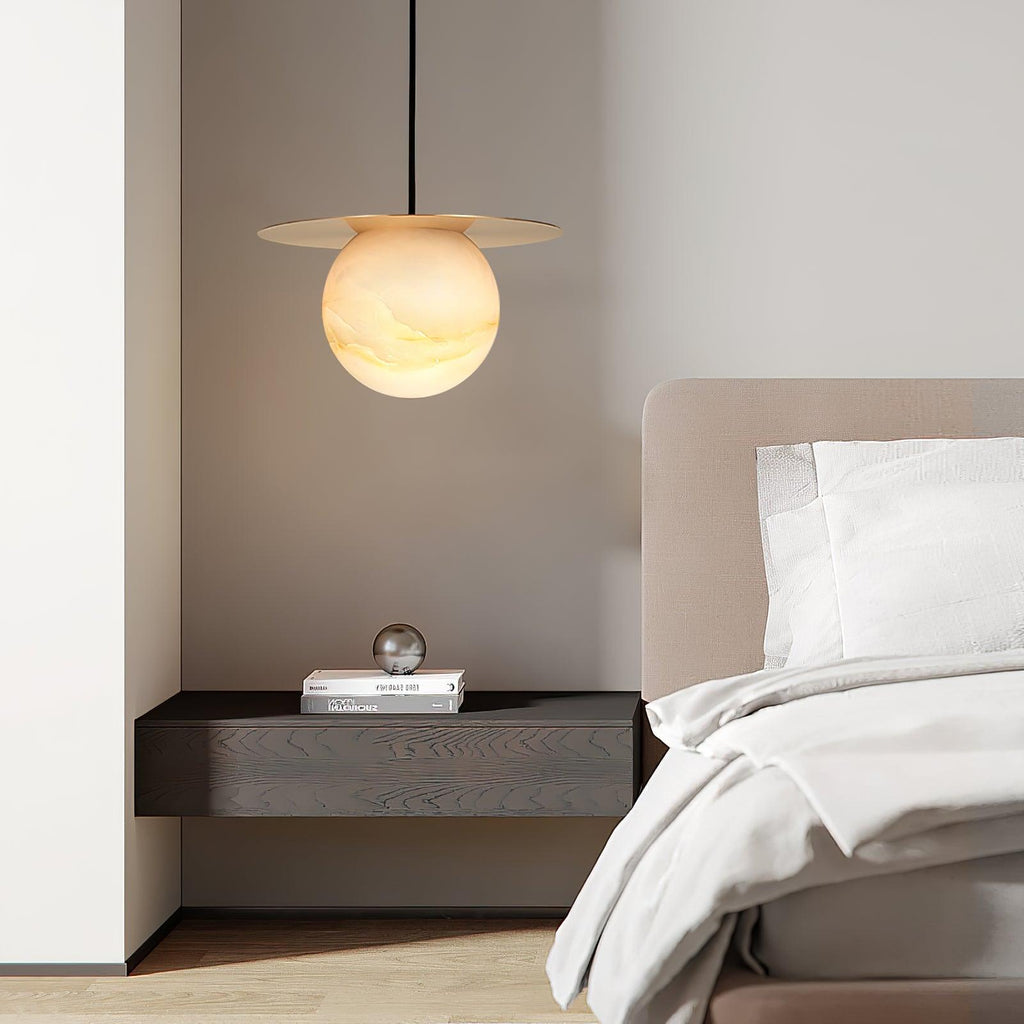 Nyvelyra Sphere Alabaster Pendant Light, Brass Finish, G9 Socket Fitting