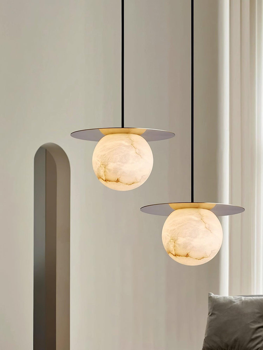 Nyvelyra Sphere Alabaster Pendant Light, Brass Finish, G9 Socket Fitting