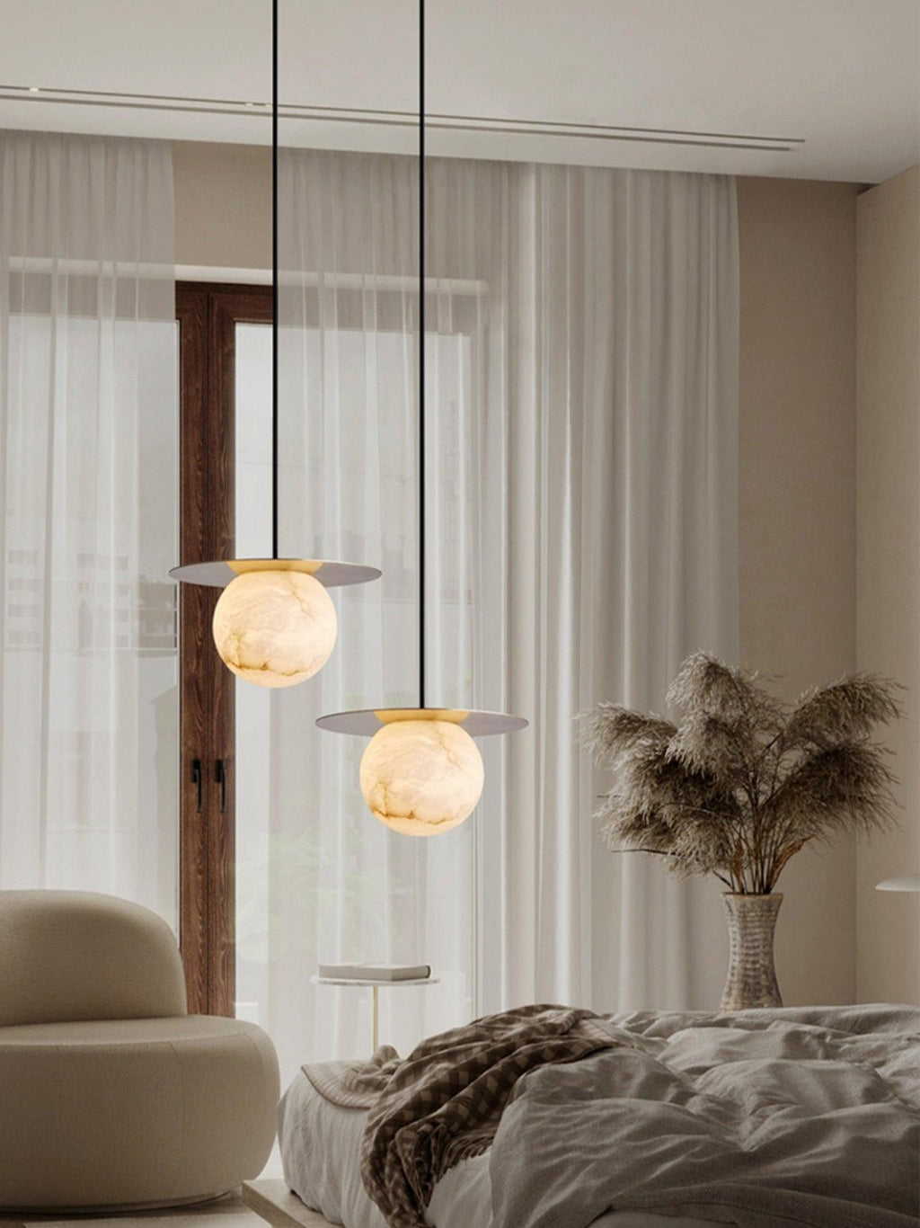 Nyvelyra Sphere Alabaster Pendant Light, Brass Finish, G9 Socket Fitting