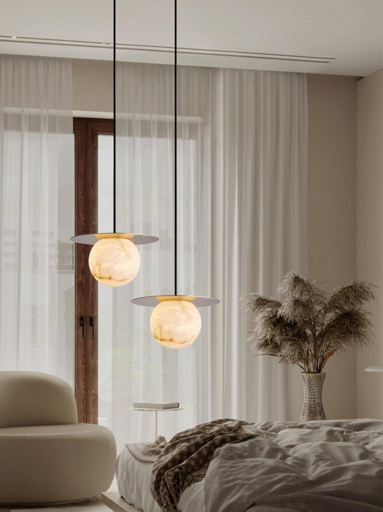 Nyvelyra Sphere Alabaster Pendant Light, Brass Finish, G9 Socket Fitting