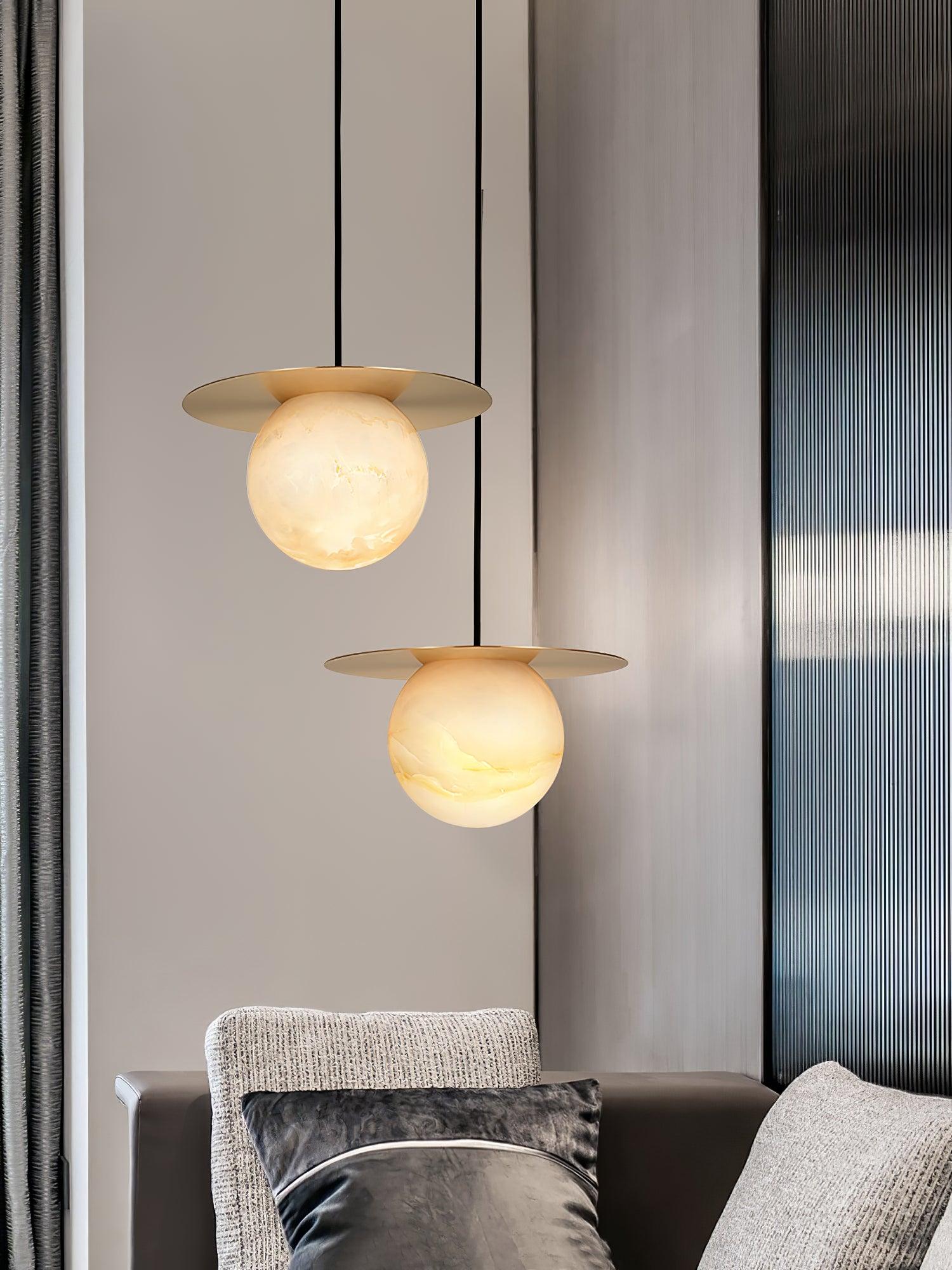Nyvelyra Sphere Alabaster Pendant Light, Brass Finish, G9 Socket Fitting