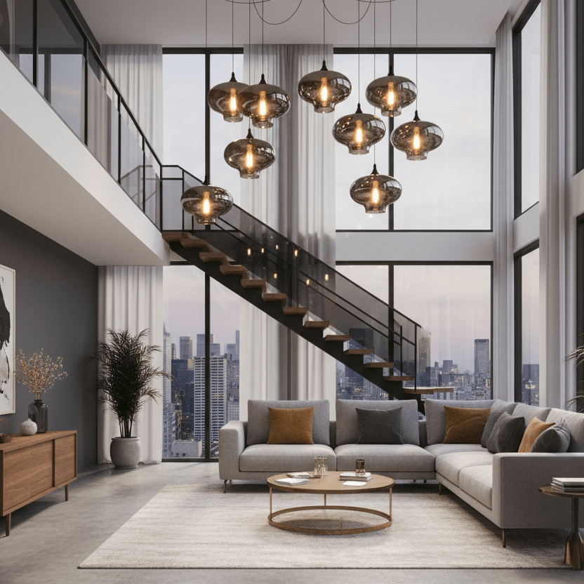 Smoke gray glass pendant light shown lit with soft ambient light