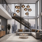 Smoke gray glass pendant light shown lit with soft ambient light