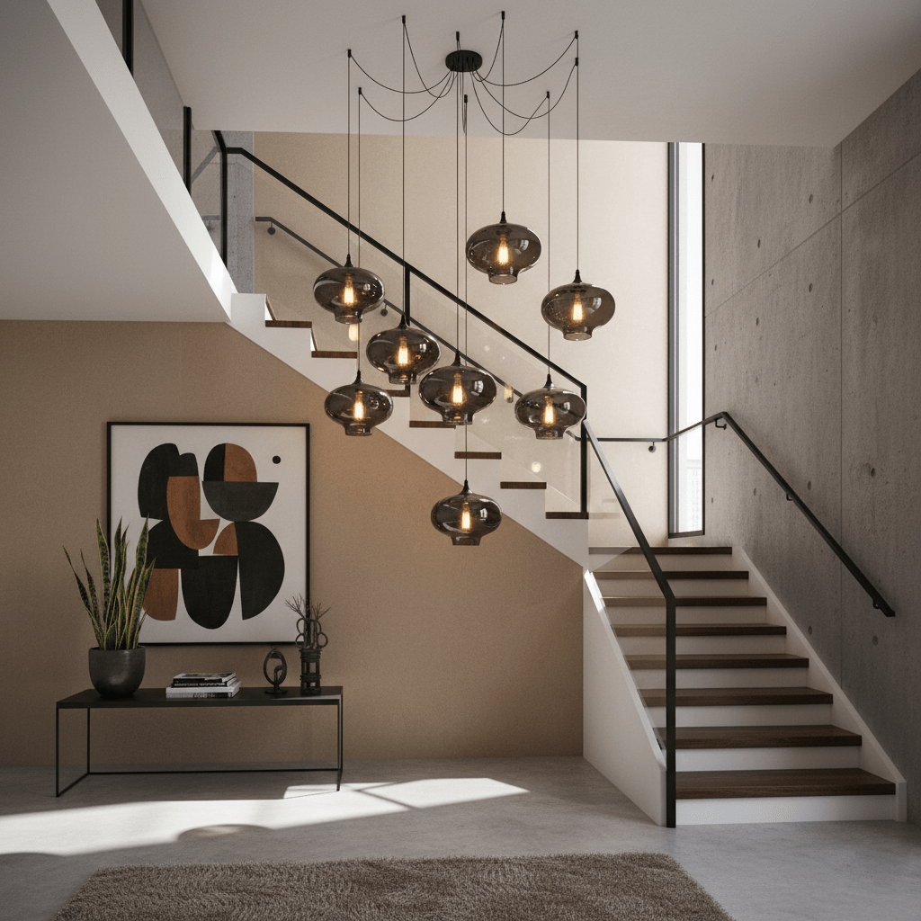Bottle Pendant Light, Hand-Blown Smoke Gray Glass, Black, E27