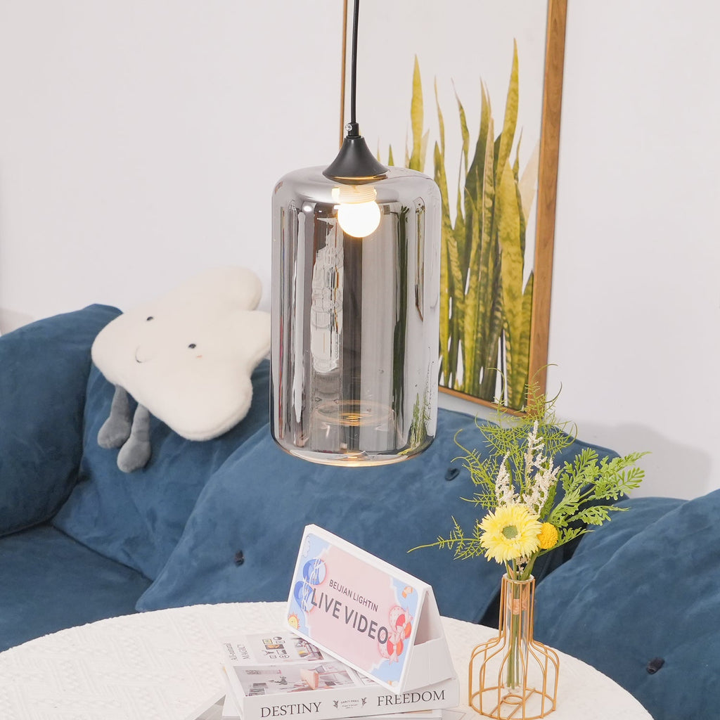 Bottle Pendant Light, Hand-Blown Smoke Gray Glass, Black, E27