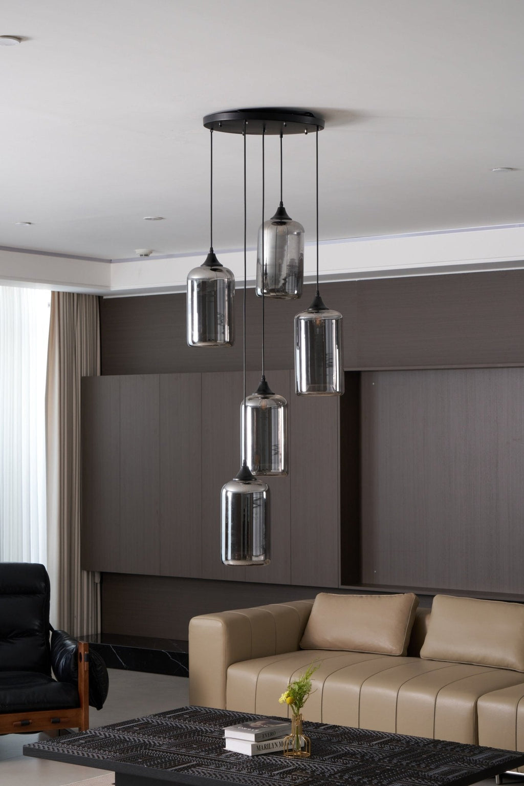 Bottle Pendant Light, Hand-Blown Smoke Gray Glass, Black, E27
