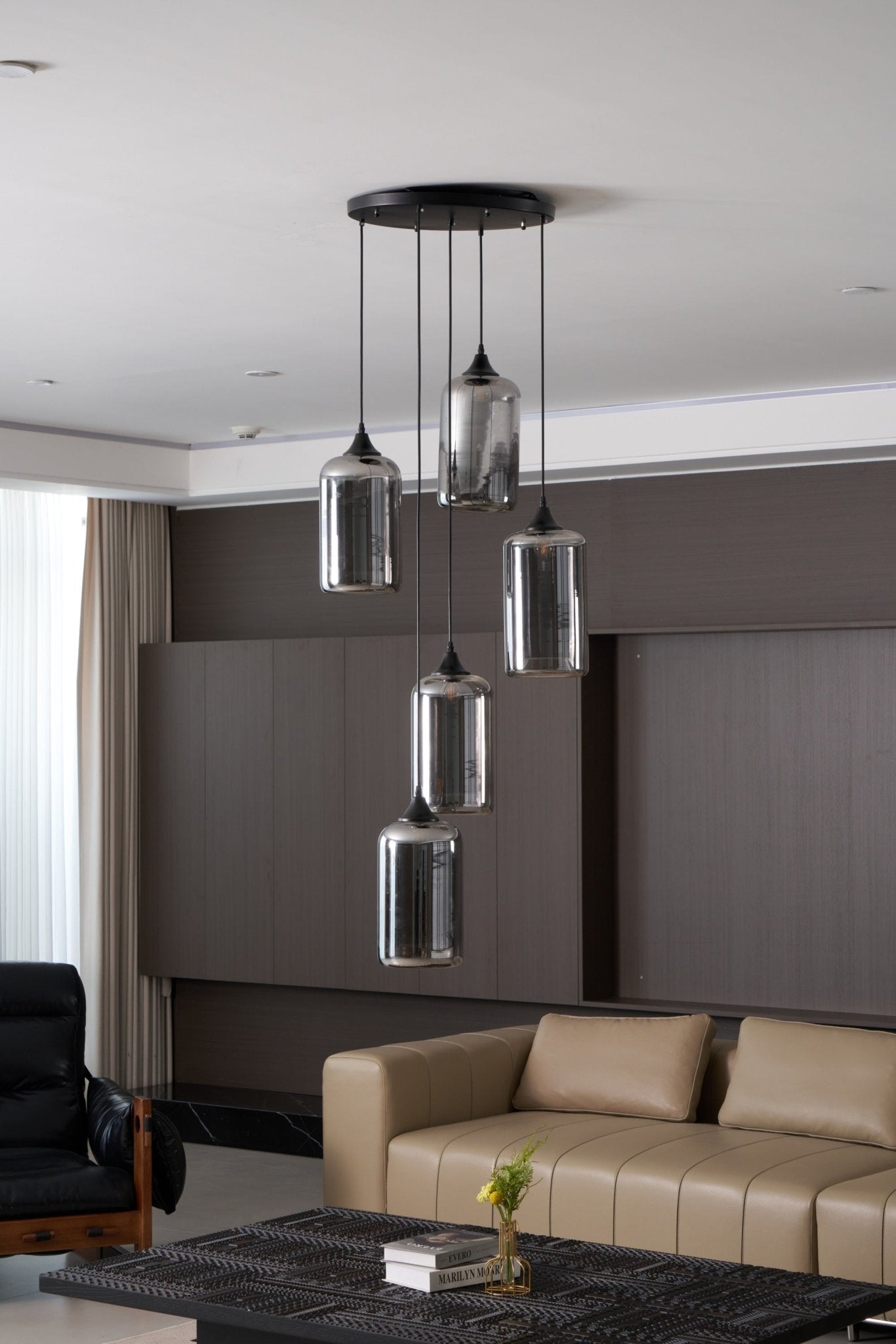 Bottle Pendant Light, Hand-Blown Smoke Gray Glass, Black, E27