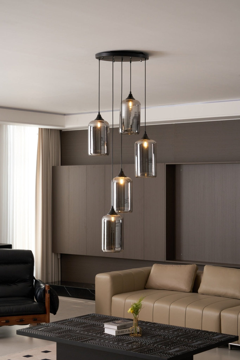 Bottle Pendant Light, Hand-Blown Smoke Gray Glass, Black, E27