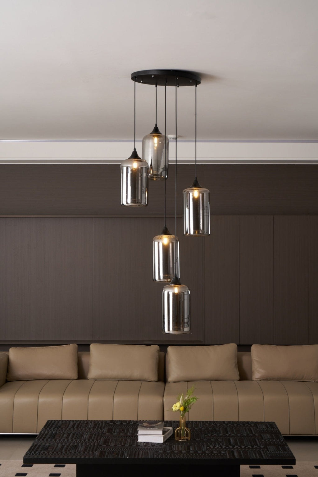 Bottle Pendant Light, Hand-Blown Smoke Gray Glass, Black, E27