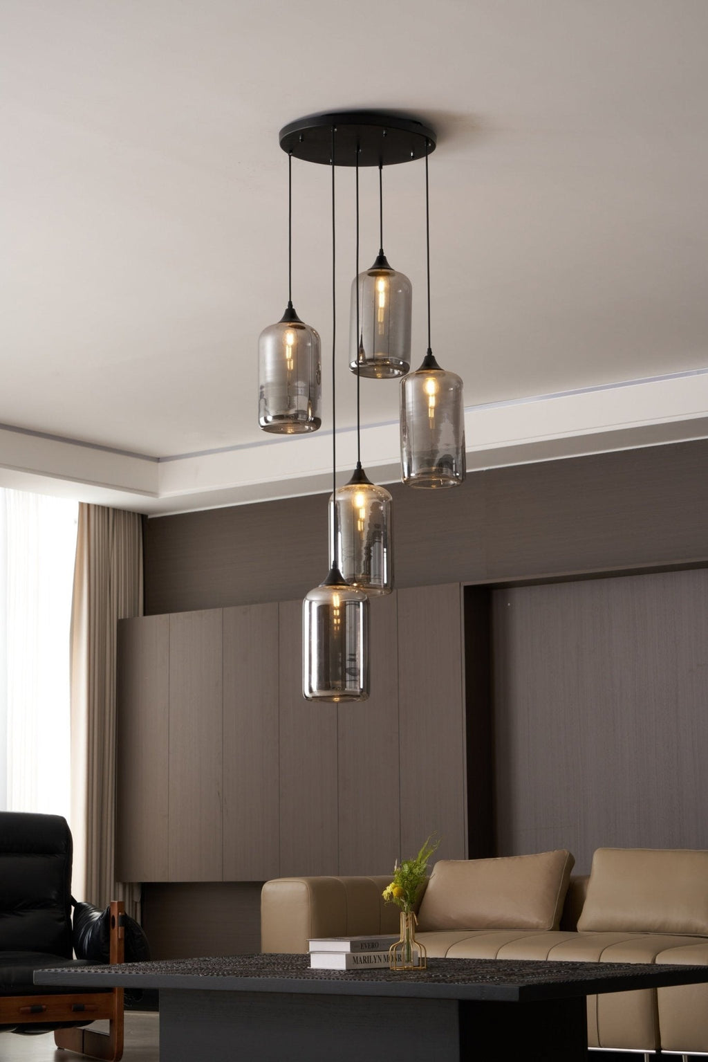 Bottle Pendant Light, Hand-Blown Smoke Gray Glass, Black, E27