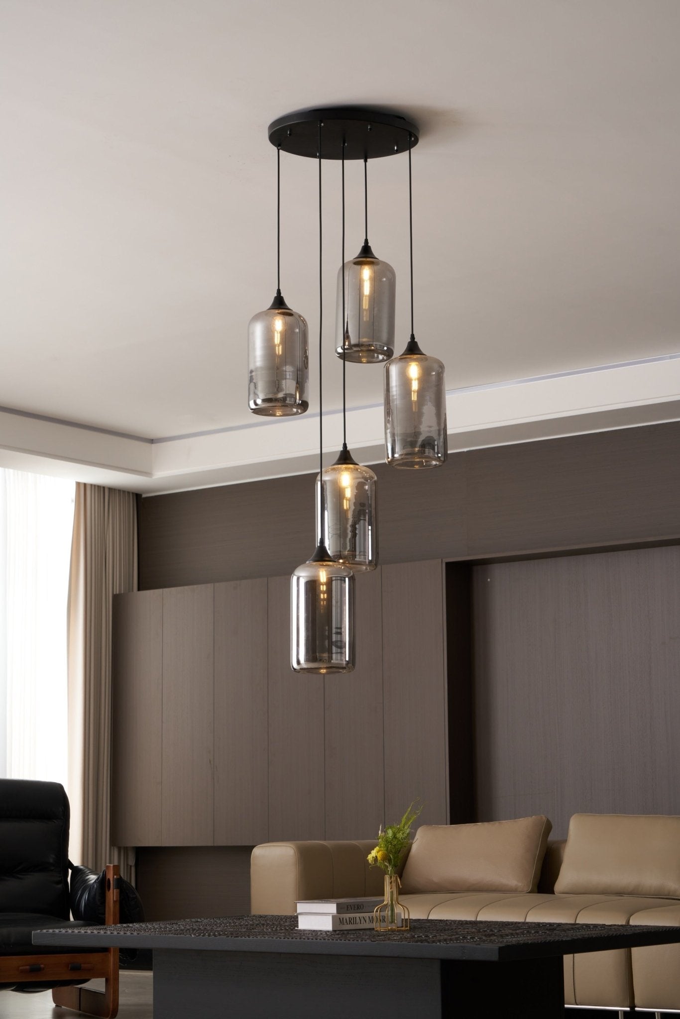 Bottle Pendant Light, Hand-Blown Smoke Gray Glass, Black, E27