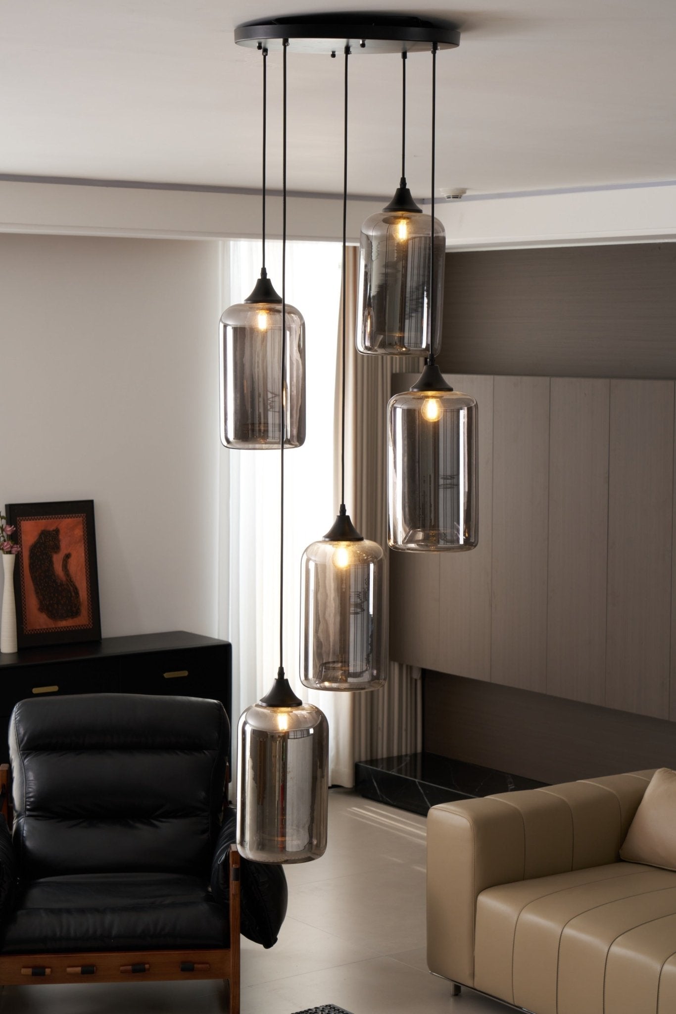 Bottle Pendant Light, Hand-Blown Smoke Gray Glass, Black, E27