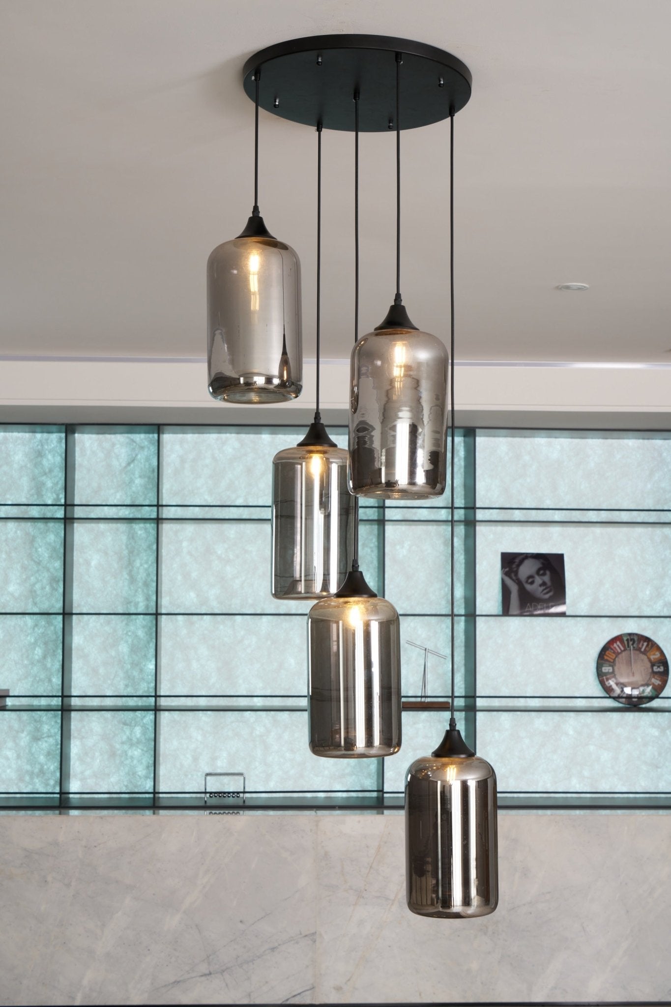 Bottle Pendant Light, Hand-Blown Smoke Gray Glass, Black, E27