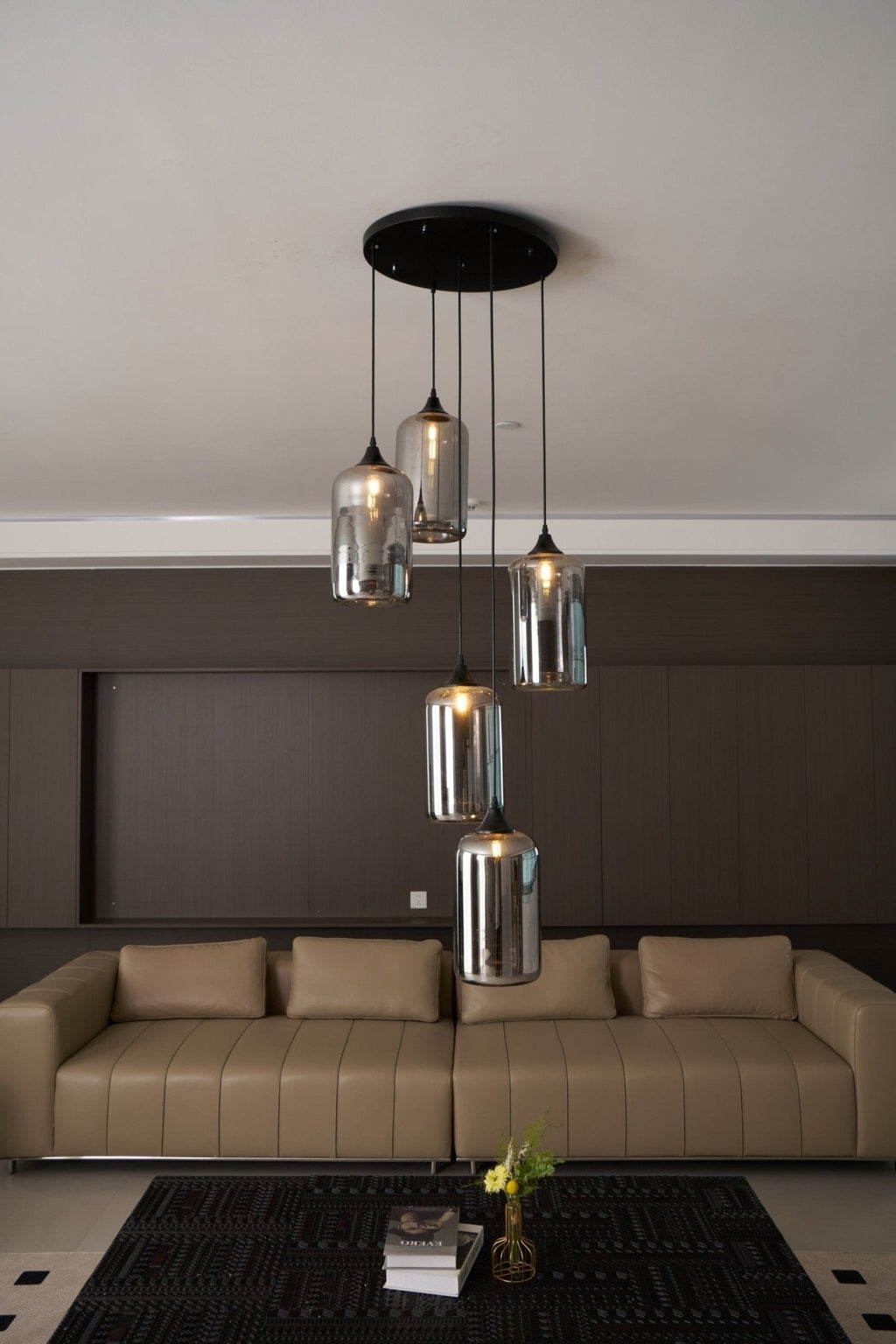 Bottle Pendant Light, Hand-Blown Smoke Gray Glass, Black, E27
