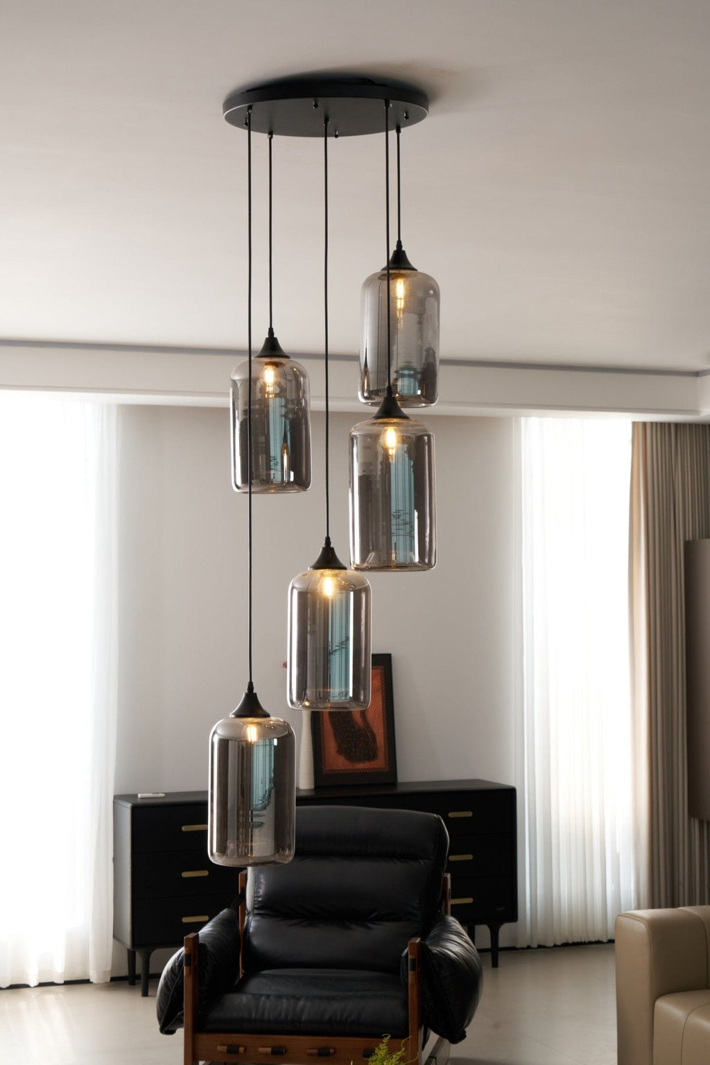 Bottle Pendant Light, Hand-Blown Smoke Gray Glass, Black, E27