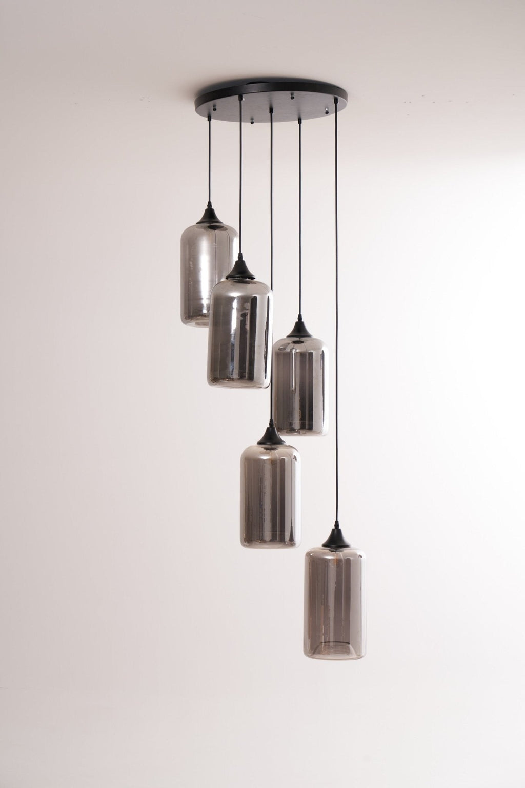 Bottle Pendant Light, Hand-Blown Smoke Gray Glass, Black, E27