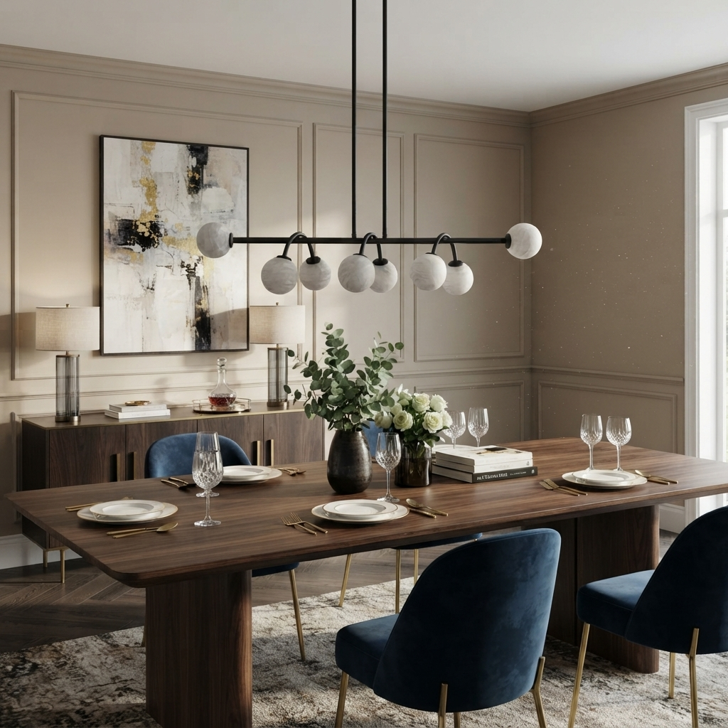 This matte-black Clérachic chandelier glows over a dining table with navy velvet chairs and an abstract print.