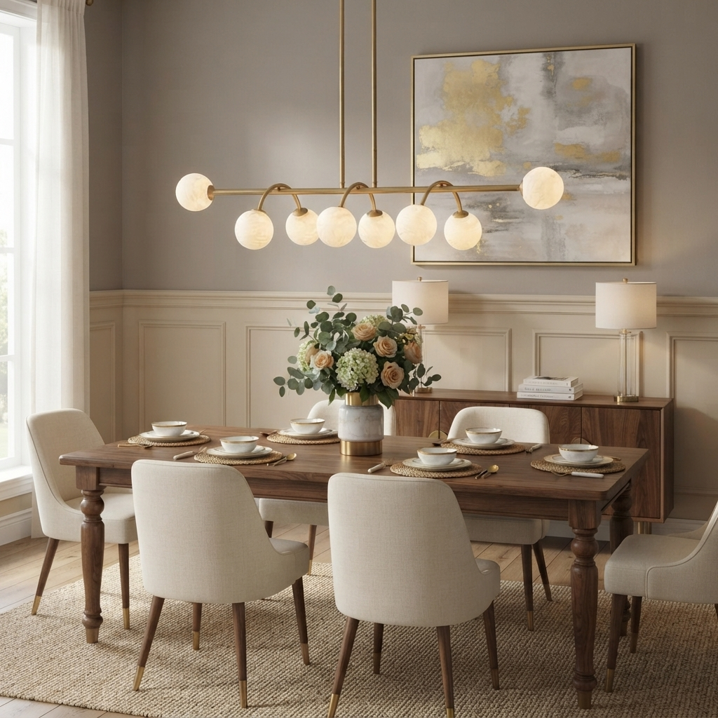 The brushed-brass Clérachic chandelier glows above a dining table set beneath a gold abstract canvas.