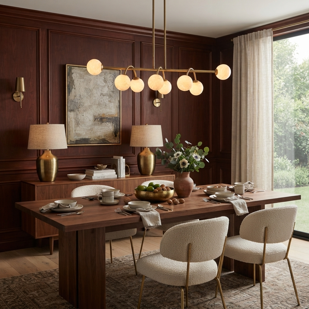 A brushed-brass Clérachic chandelier glows in a wood-panelled dining room with boucle-upholstered chairs.