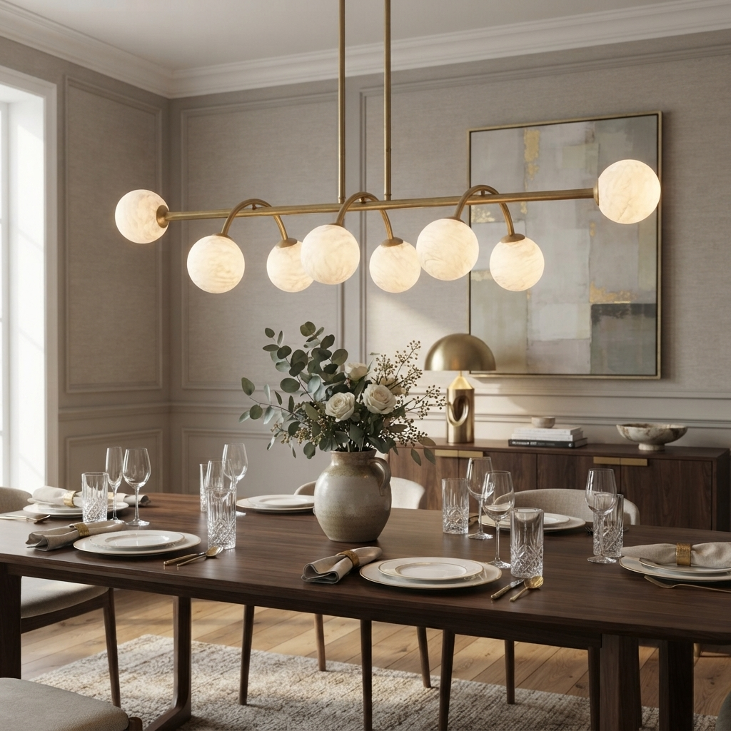 A brushed-brass Clérachic chandelier lights a dining table set with eucalyptus and white roses.