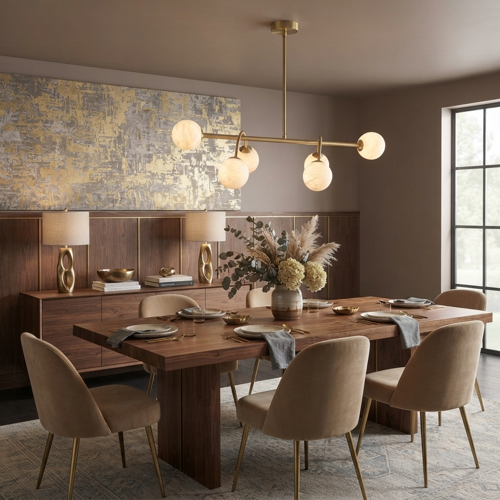 The brushed-brass Clérachic chandelier lights a dining table beneath a large gold-toned abstract print.