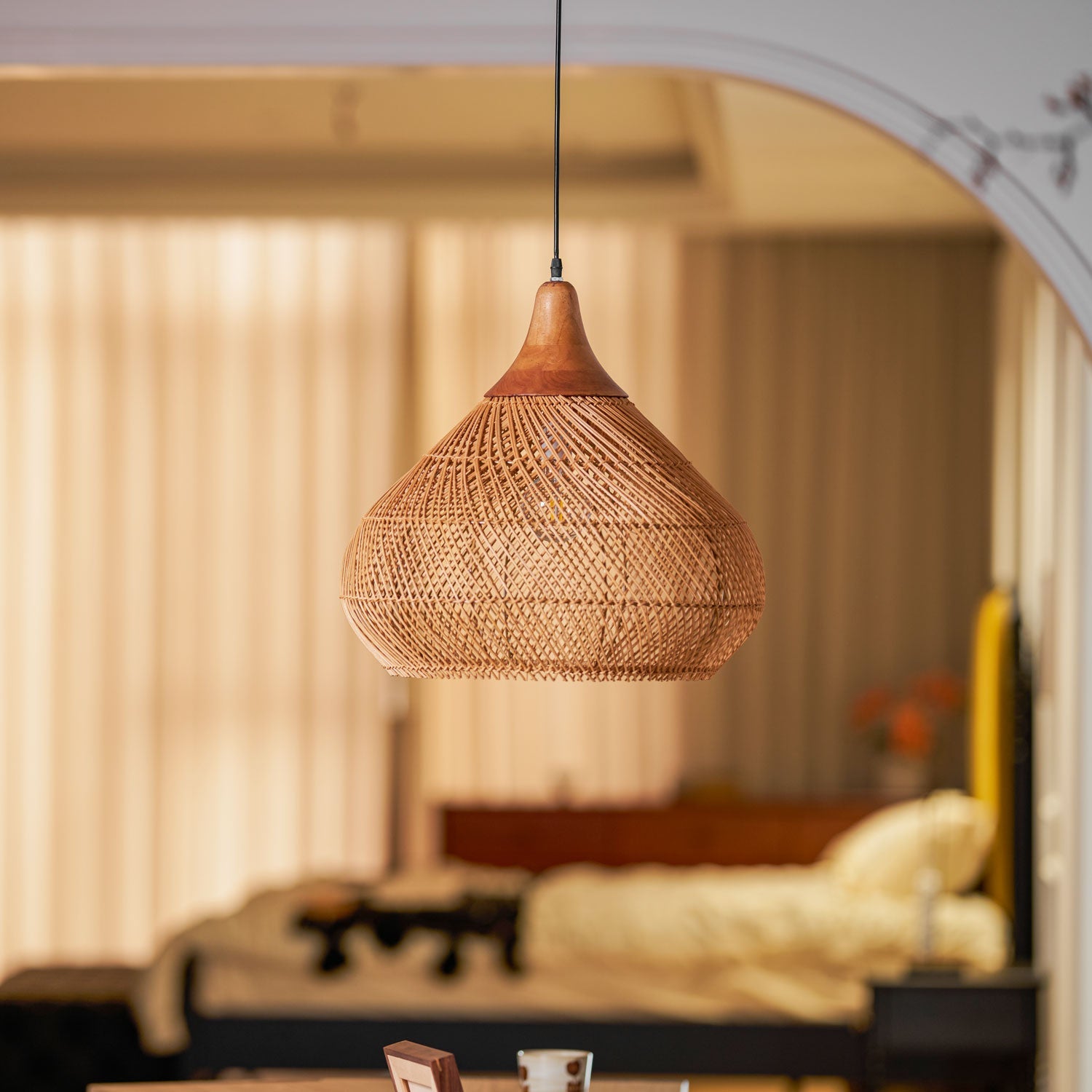 Rattan Pendant Light, Handwoven Shade, Wood Body, E27