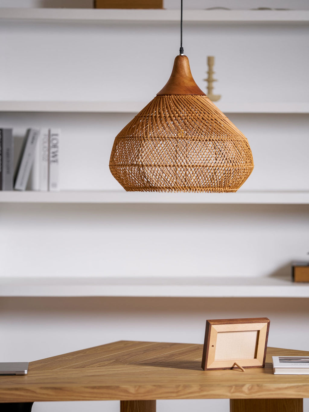 Rattan Pendant Light, Handwoven Shade, Wood Body, E27