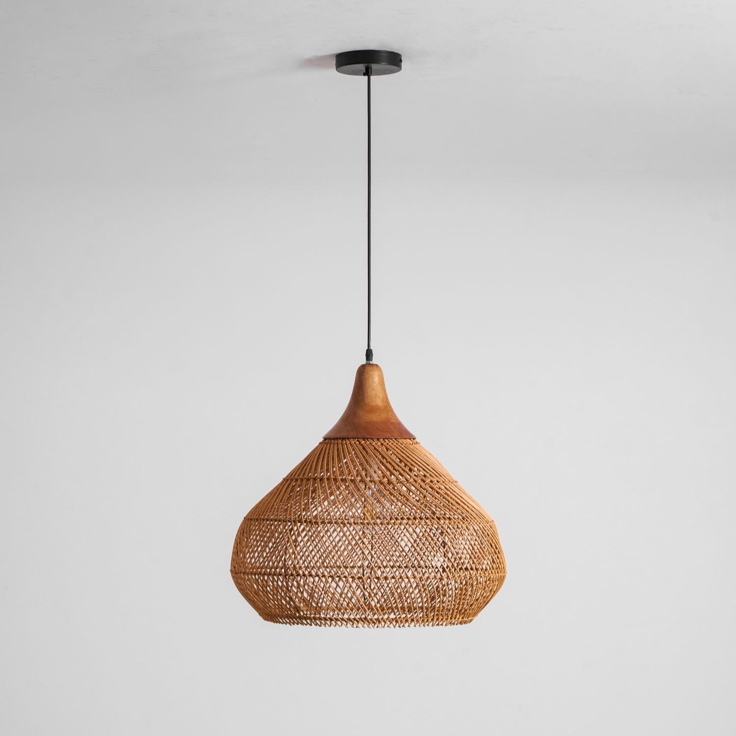 Rattan Pendant Light, Handwoven Shade, Wood Body, E27