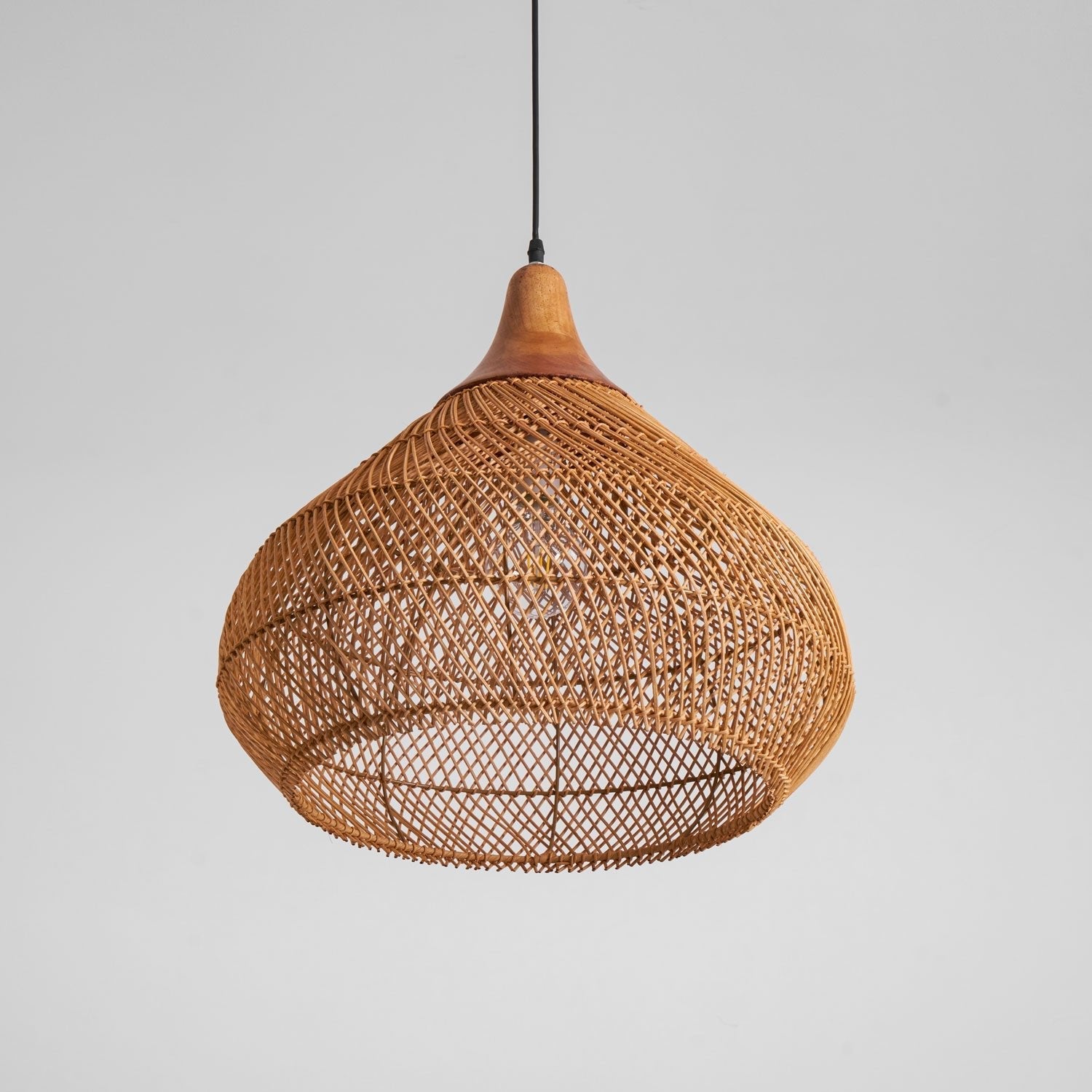 Rattan Pendant Light, Handwoven Shade, Wood Body, E27