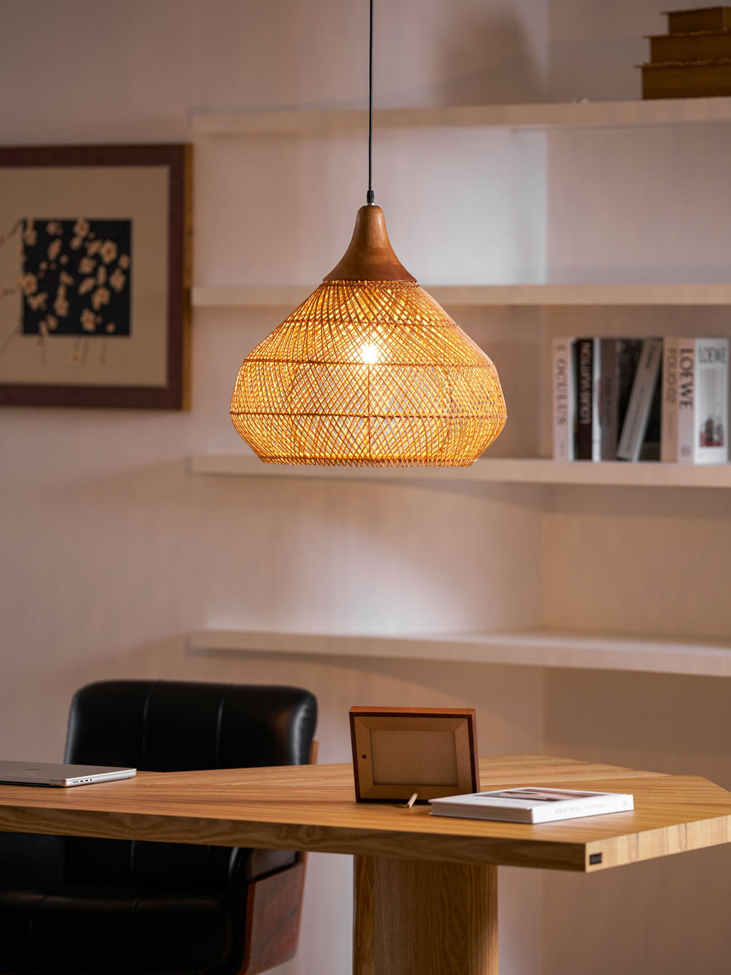Rattan Pendant Light, Handwoven Shade, Wood Body, E27