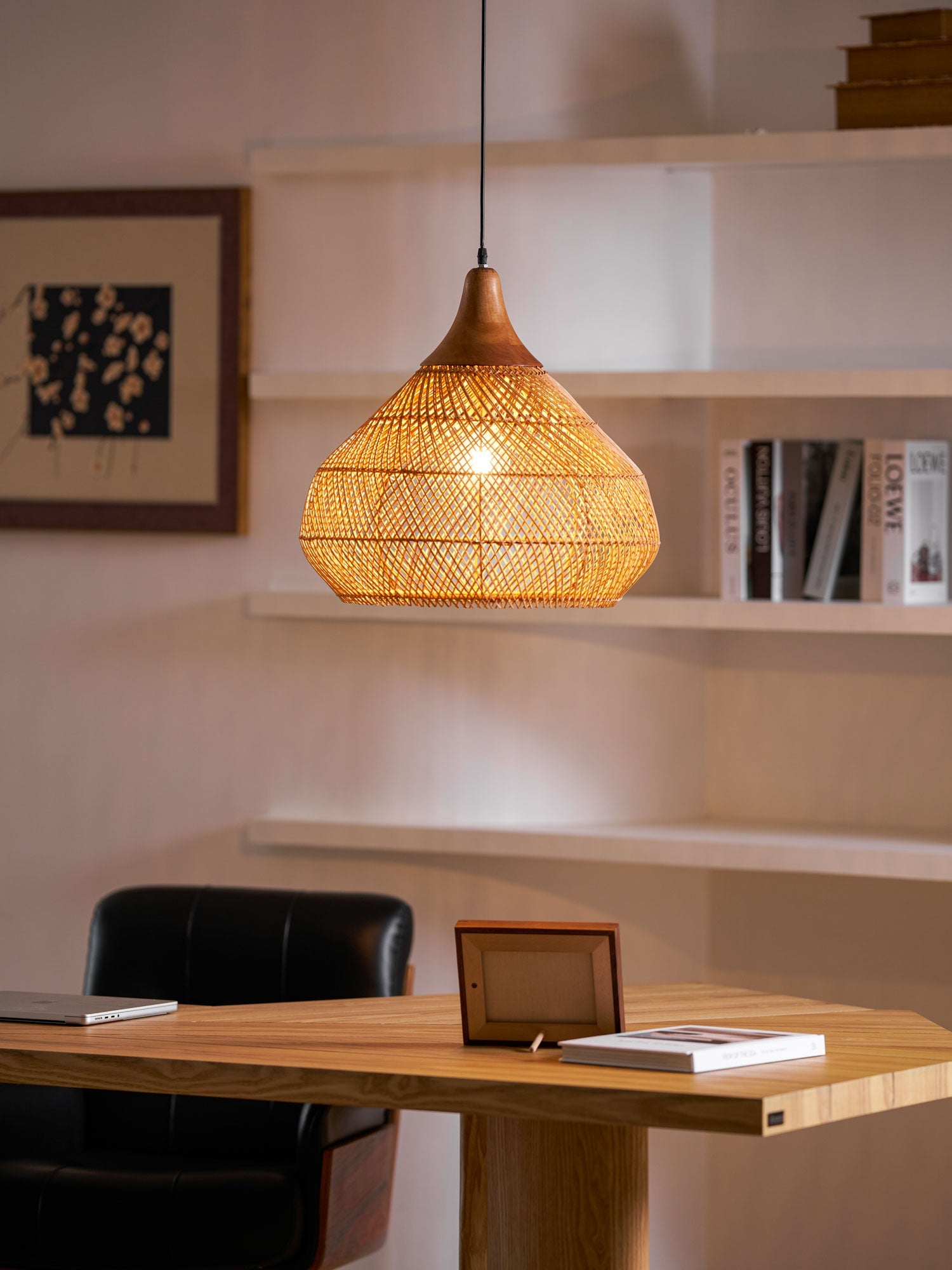 Rattan Pendant Light, Handwoven Shade, Wood Body, E27