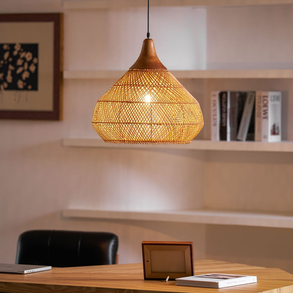 Rattan Pendant Light, Handwoven Shade, Wood Body, E27