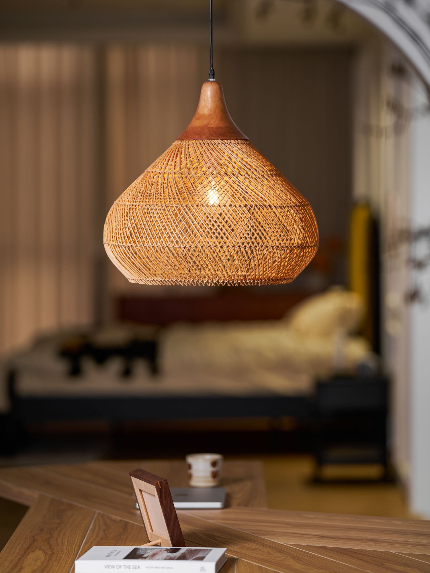 Rattan Pendant Light, Handwoven Shade, Wood Body, E27