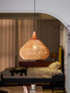 Rattan Pendant Light, Handwoven Shade, Wood Body, E27