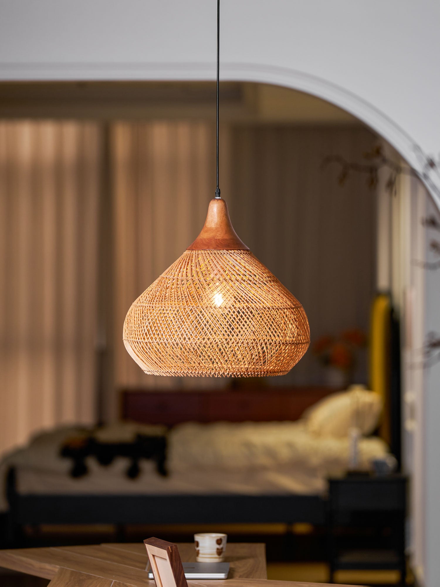 Rattan Pendant Light, Handwoven Shade, Wood Body, E27