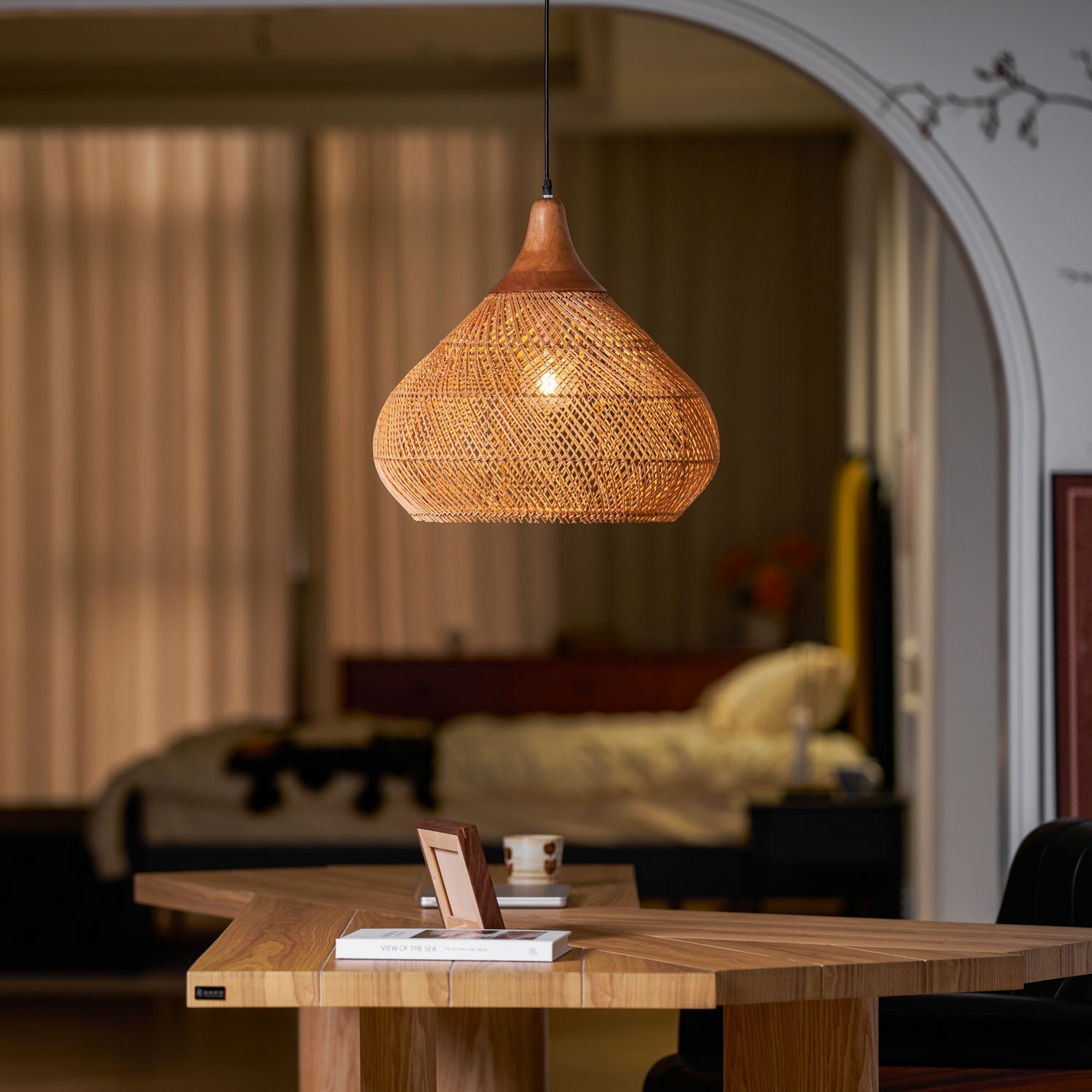 Rattan Pendant Light, Handwoven Shade, Wood Body, E27
