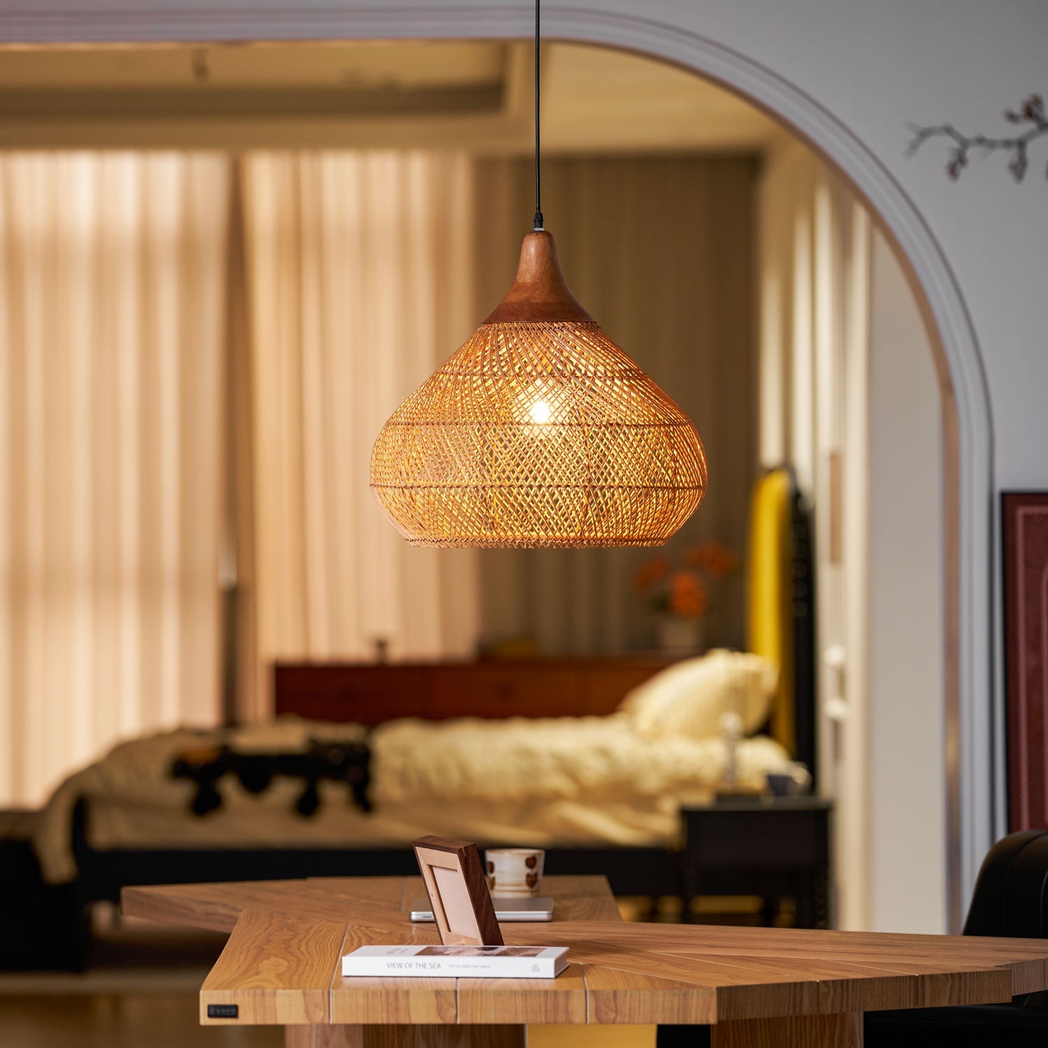 Rattan Pendant Light, Handwoven Shade, Wood Body, E27