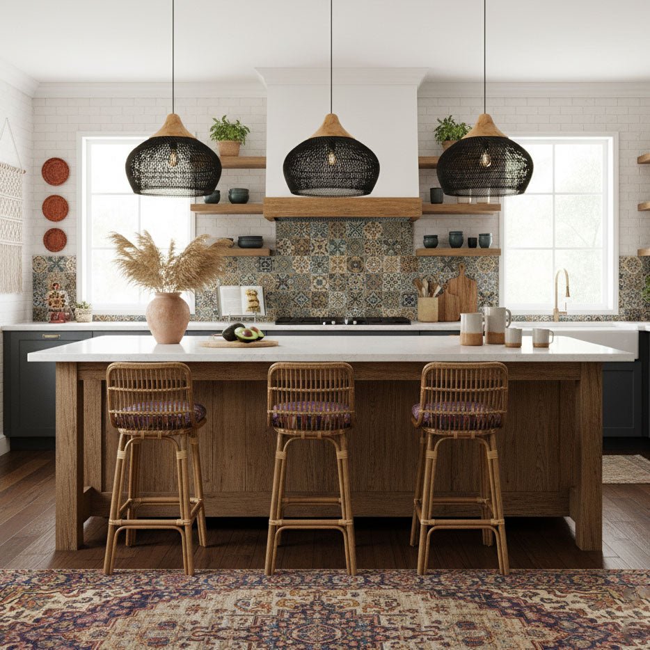 Disc-shaped natural rattan pendant light with wood detail