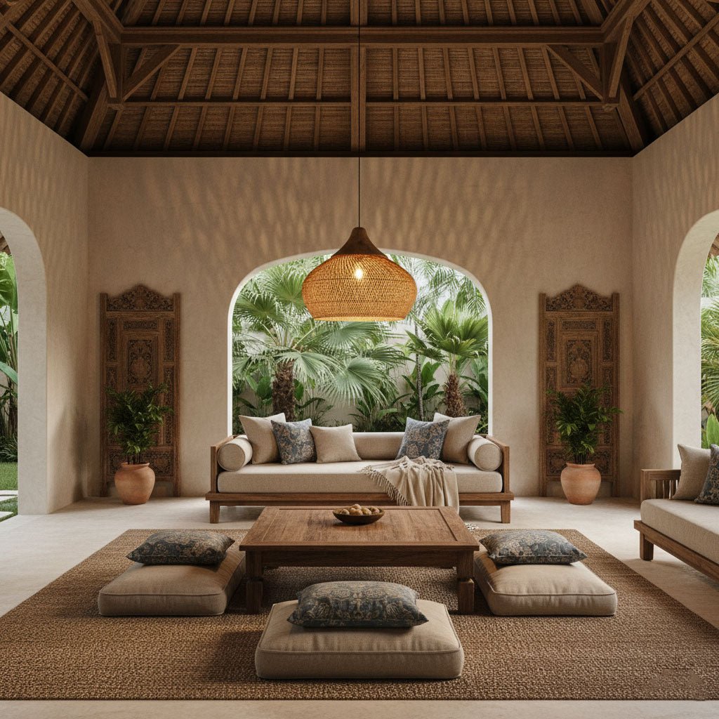 Rattan Pendant Light, Handwoven Shade, Wood Body, E27