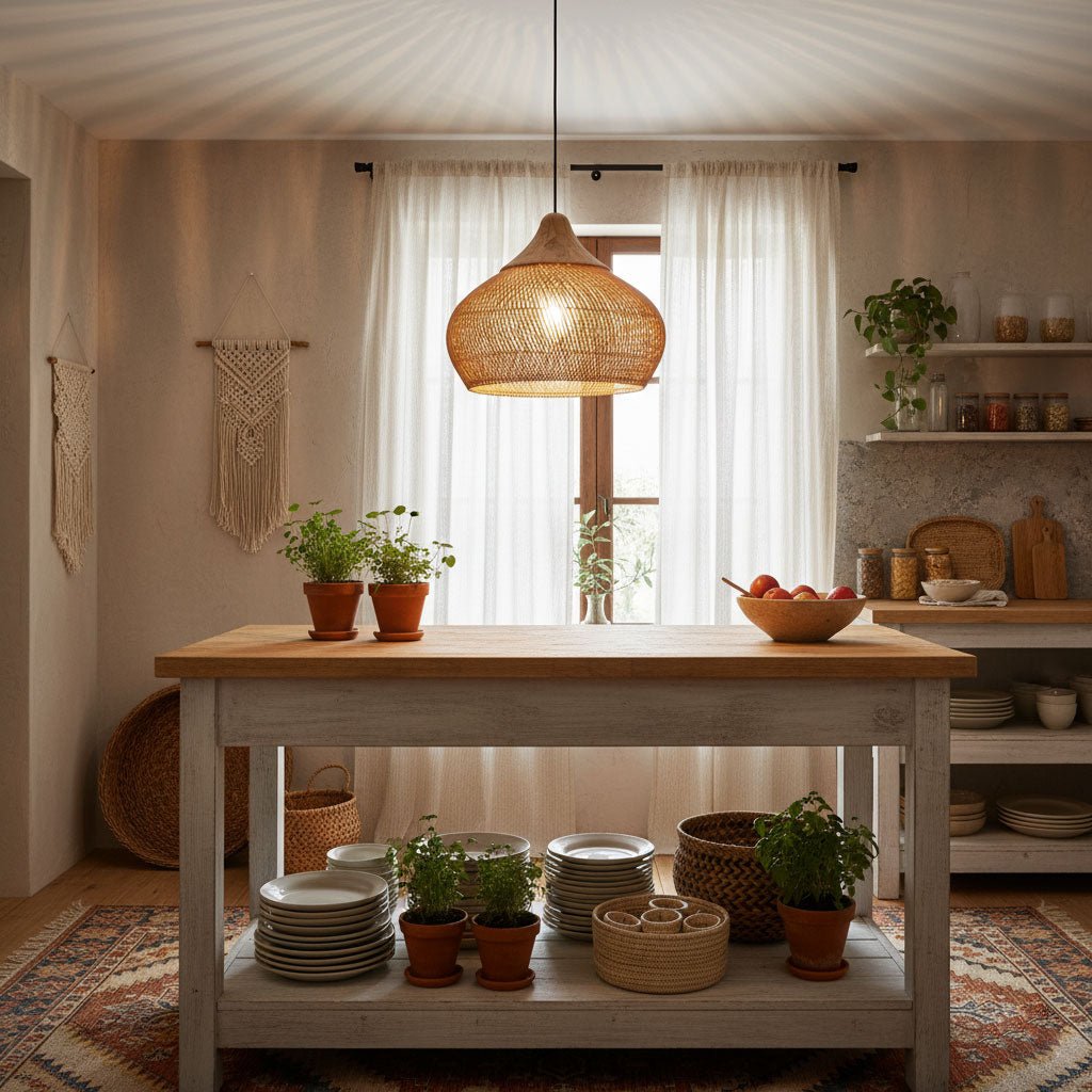 Rattan Pendant Light, Handwoven Shade, Wood Body, E27