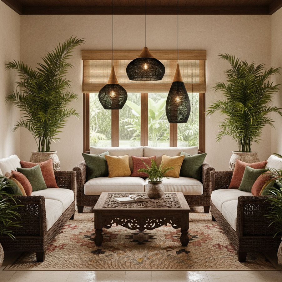 Bell-shaped woven rattan pendant light glowing warmly