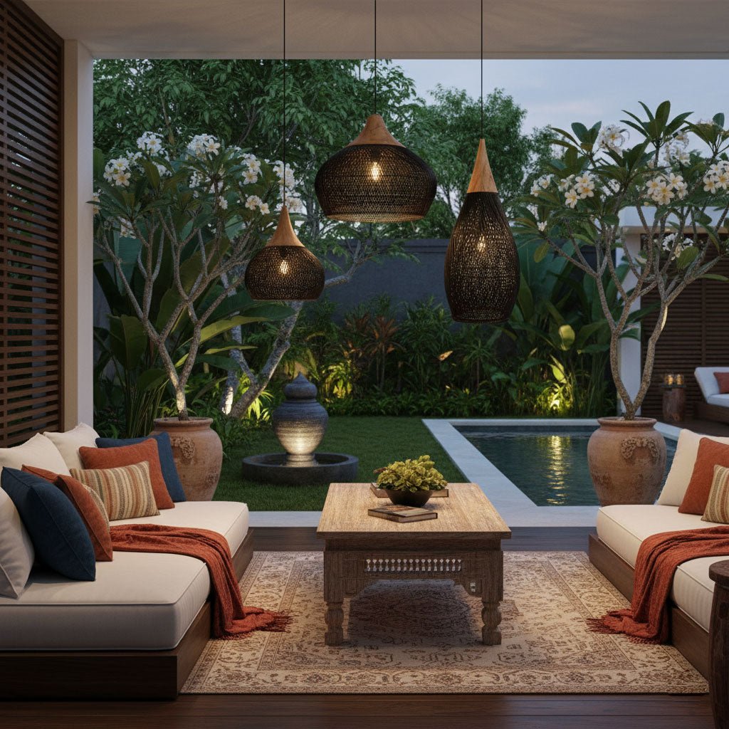 Woven rattan pendant light casting a soft dappled glow indoors