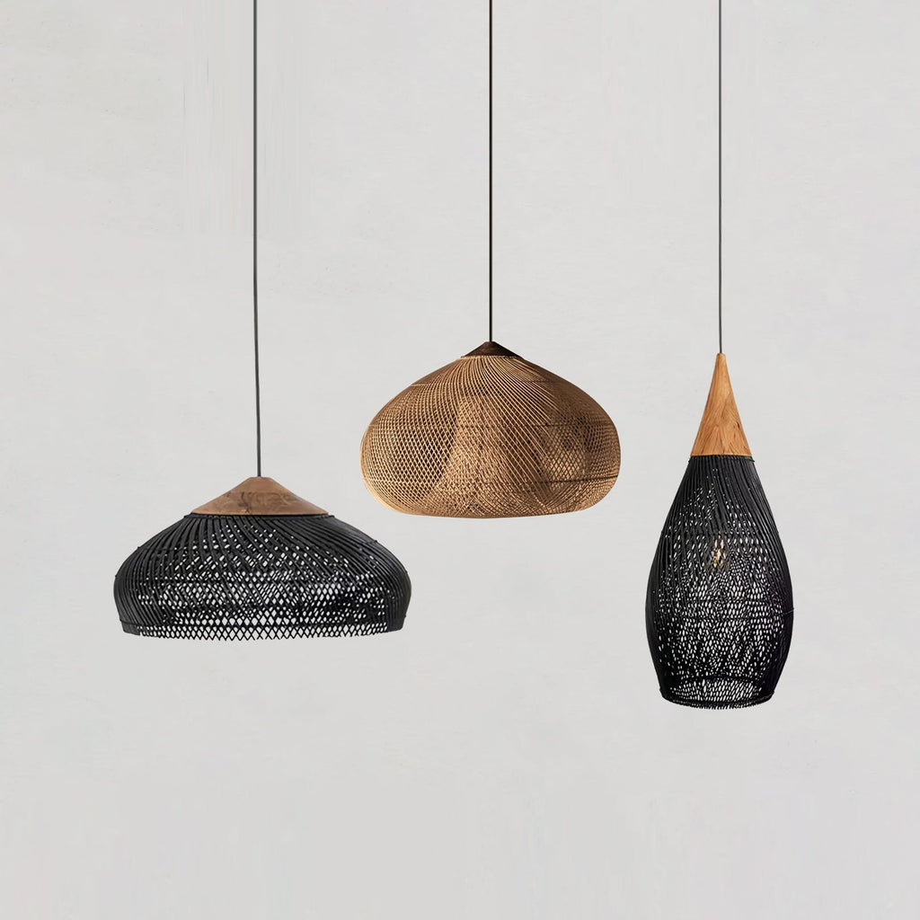 Cluster of natural and black rattan pendant lights together